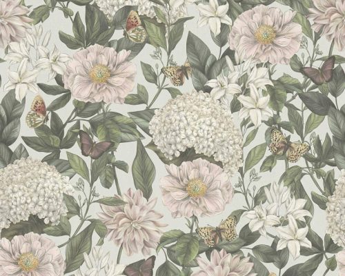 VINTAGE-TAPETE, GROSSE BLUMEN, HYDRENSIONEN, SCHMETTERLINGSBLÄTTER, SKANDINAVISCHER STIL