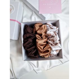  GESCHENKSET FÜR SIE SCRUNCHIE SEIDE SATIN XXL BRAUN GOLD