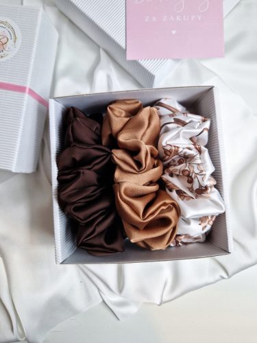  GESCHENKSET FÜR SIE SCRUNCHIE SEIDE SATIN XXL BRAUN GOLD