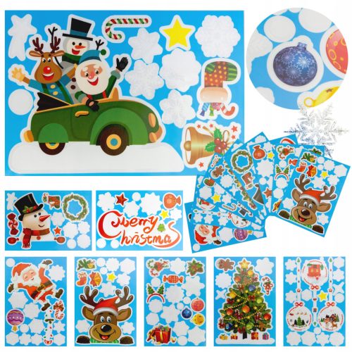  Weihnachts-Fensteraufkleber, Weihnachtsmann, Schneemann, Rentier, Set mit 8 Bögen