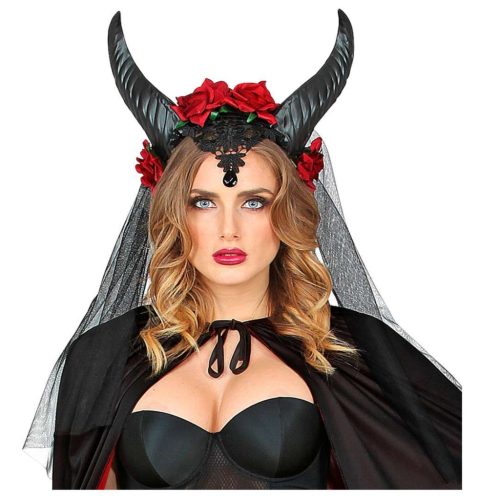  STIRNBAND, Schleier mit HÖRNERN, Schmuckstück, TIARA, Halloween, DÄMONENHÖRNER