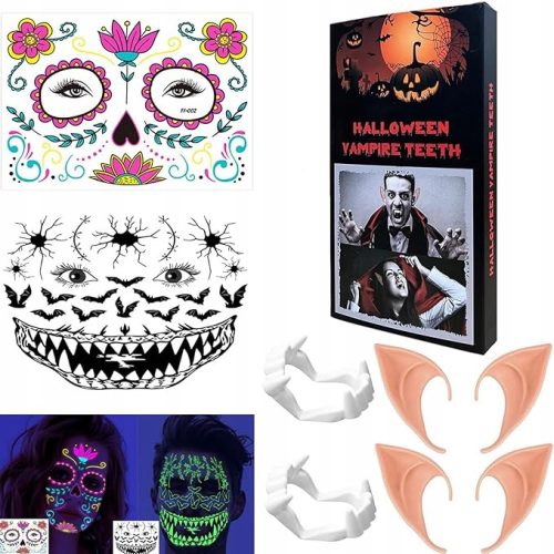  2 X ELFENOHREN UND VAMPIRZÄHNE + HALLOWEEN-TATTOOS HALLOWEEN-SET WAS