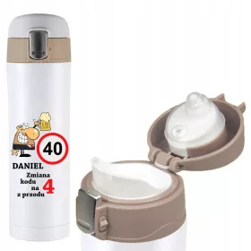    Personalisierter Thermobecher, auslaufsichere Thermoskanne, weißer Aufdruck, Geschenk