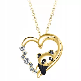   Goldene Herzkette mit Panda und kubischen Zirkonen, Panda-Herz, S925