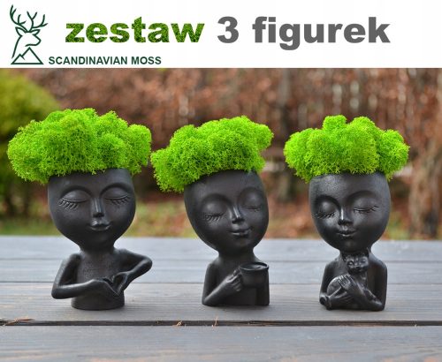 Dekoratives Moos Blumentopf-Figur, Kopf aus Beton, Gesicht schwarz mit Moosrascheln, als Geschenk
