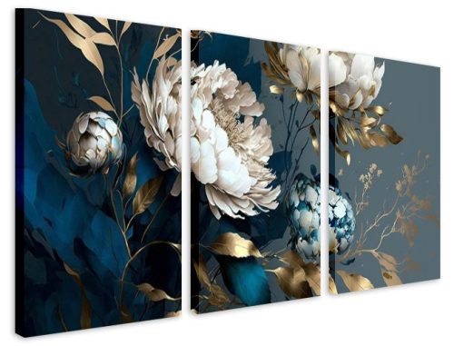 Bilder an der Wand Wandbilder, Wandtriptychen, Blumen, blaue Blätter, Gold, 90x180