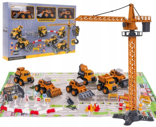 GROSSES BAUFAHRZEUG-SET MIT BAUSTELLENKRAN + 6 FAHRZEUGEN