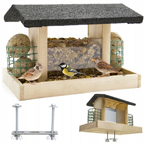  Großer Holz-Futterspender, Kugelhaus, Vogelfutter + Balkongriff