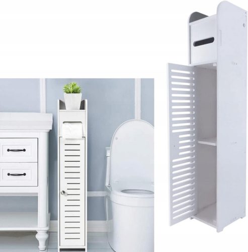 Stehender Toilettenpapierschrank. Weißes schmales Regal mit Organizer, 81 x 16 x 16 cm