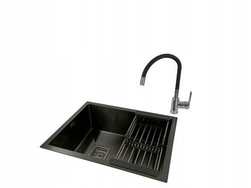 Brado OLAF 60 Einbeckenspüle, Flex Cz Wasserhahn, Siphon, Korb, Stahl, schwarz