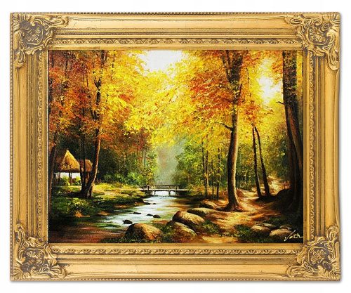 Bilder an der Wand Häuschen zwischen den Bäumen, handgemalte Landschaft in einem Goldrahmen