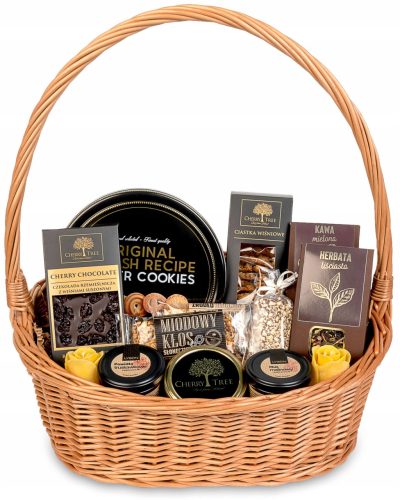  Dunkler Geschenkkorb mit hochwertigen Keksen und Süßigkeiten, Tee und Kerzen