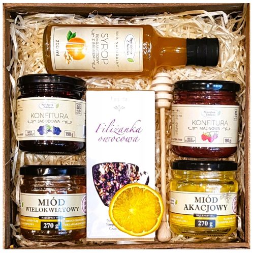  KORB-GESCHENKSET GESCHENK-SIRUP-TEE-Marmelade-HONIG