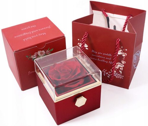 EWIGE ROSE IN EINER DREHBAREN BOX, GESCHENKBOX ZUM VALENTINSTAG + HALSKETTE