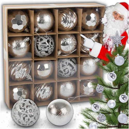  SET MIT 16 WEIHNACHTSKUGELN, KUNSTSTOFFKUGELN, SILBERNE SPOOPS FÜR DEN WEIHNACHTSBAUM
