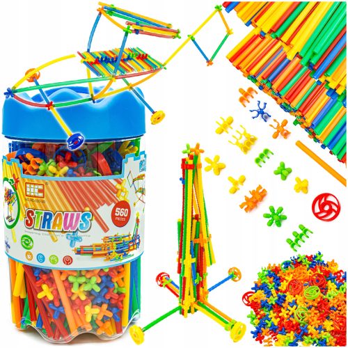  KREATIVES STROHHALM-SET Bauklötze Röhren Stäbchen Eimer 560 Stk