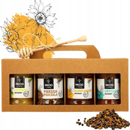  Geschenkset mit Bienen-BINGE und drei natürlichen HONIGEN 4x315ml