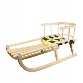    Großer Kinderschlitten aus Holz mit Rückenlehne und geflochtener Sitzfläche, 83 cm