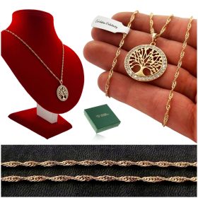    GOLDHALSKETTE FÜR DAMEN, CHIRURGISCHER STAHL, BAUM DES GLÜCKS, ZIRKONIA, 55 CM