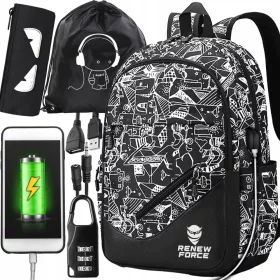    Renew Force Schulrucksack mit mehreren Fächern, Schwarz, 35 Jahre alt