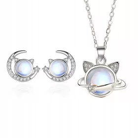    Katzen-Halsketten-Ohrringe, 2-teiliges Set, Mondlichtstein, S925-Silber