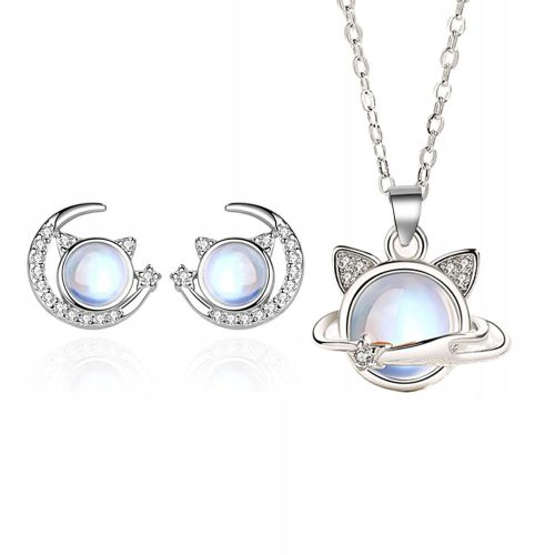  Katzen-Halsketten-Ohrringe, 2-teiliges Set, Mondlichtstein, S925-Silber