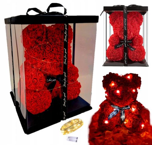 Duftender großer Bär mit Rosen, rote LED-Geschenkbox, 40 cm
