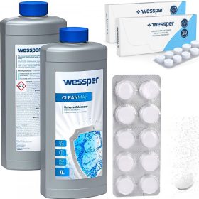    Wessper Cleanmax 1 L Entkalker + Entfettungstabletten für Wessper CleanOil WES078 Espressomaschine 10 x 2 g