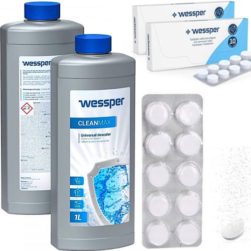  Wessper Cleanmax 1 L Entkalker + Entfettungstabletten für Wessper CleanOil WES078 Espressomaschine 10 x 2 g
