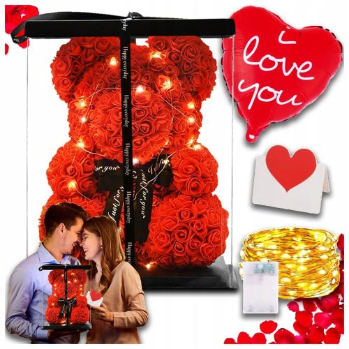 GROSSER BÄR MIT ROSEN LED-SET VALENTINSTAG GESCHENK MUTTERTAG OMA 40CM XL 3D