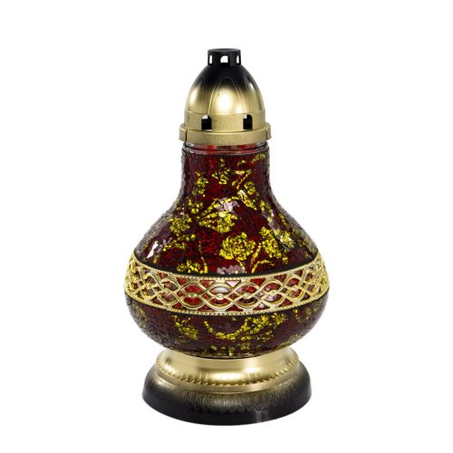  Dekorative Buntglaskerze in Form einer Karaffe in Rot und Gold