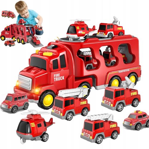  FEUERWEHR GROSSES FEUERWEHRWAGEN MIT KRAN LKW KRAN HUBSCHRAUBER 7STK