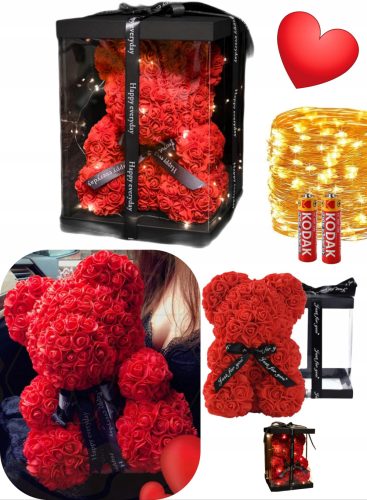 BÄR MIT ROSEN 25 CM ROSENBÄR MIT ROSENBLÄTTER SCHLEIFE GESCHENKBOX ROT