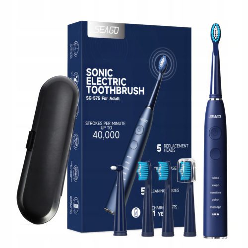  Elektrische Schallzahnbürste Seago SG-575, Marineblau + Etui + 5 Aufsätze