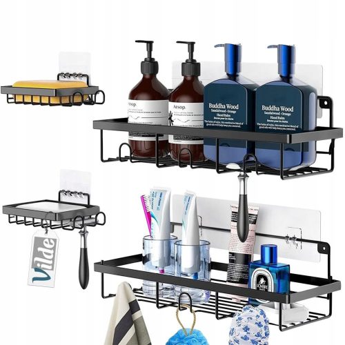  4x Badezimmer-Duschregal, schwarzes Metall, selbstklebende Wand