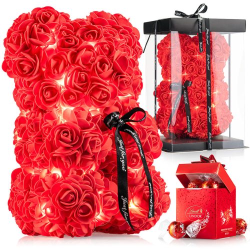 Valentinstag-Teddybär, Rose, mit Pralinen