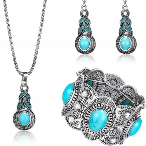  Silber Set Ohrringe Halskette Armband Boho Türkis