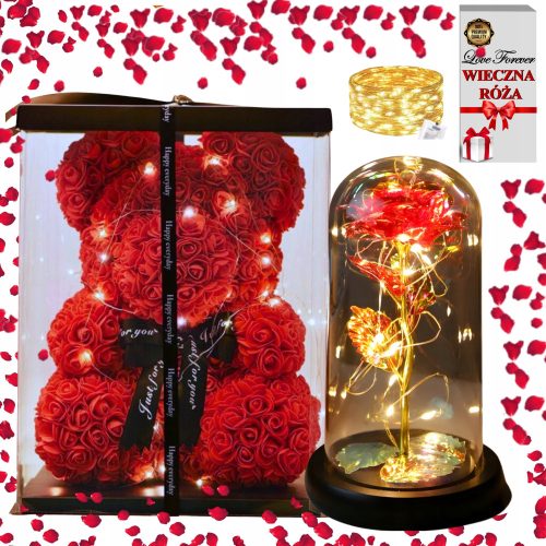 GROSSER BÄR MIT ROSEN LED 40CM EWIGE ROSE VALENTINSTAG GESCHENK XXL SET