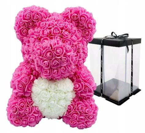 Teddybär mit Rosen, 40 cm, rosa, weißes Herz, Valentinstagsgeschenk, Blumenbox