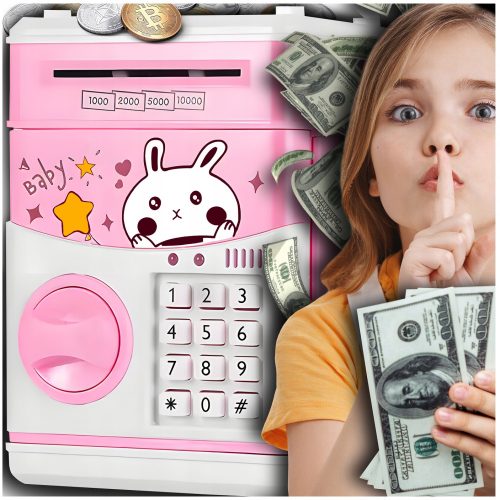  Elektronisches Sparschwein, kaninchenartig, geldautomatensicher, rosa, Geschenk für ein Mädchen
