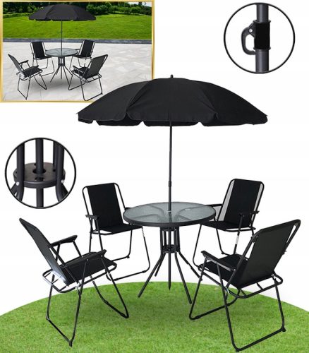 Ein Satz Garten- und Terrassenmöbel Gartenmöbel-Set aus schwarzem Metall, 6-teilig.