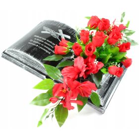    BUCH für ein Grab, Dekoration ROSEN, Gladiolen, BUCH für ein Denkmal, GOLD, silberne Buchstaben