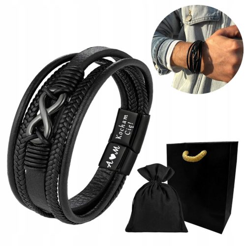  Herren-Lederarmband, schwarz, GRAVUR infinity VALENTINSTAG + GRATIS
