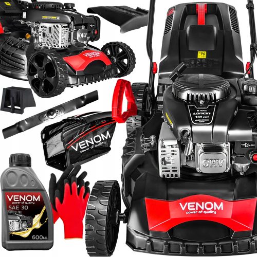 Benzin-Rasenmäher - Venom Benzin-Rasenmäher mit Korb, 139 cm³ Fassungsvermögen. Korb 62 l, Schnittbreite 46 cm + 2 weitere Produkte