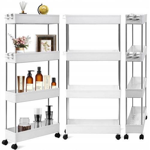 BADEZIMMER-KÜCHENREGALSCHRANK AUF RÄDERN 4-STUFIGES BÜCHERREGAL MIT HAKEN