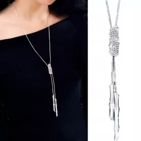  Lange silberne Quastenkette mit Strasssteinen