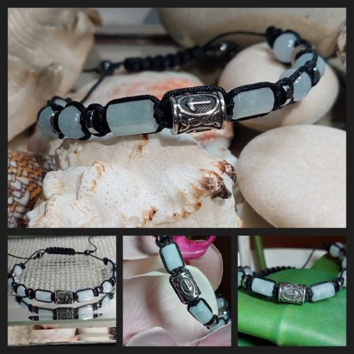  RUNEN-ARMBAND FÜR HERREN UND FRAUEN, TEIWAZ-STAHL, AQUAMARIN-STEIN, HÄMATIT