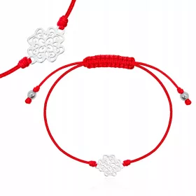    Silbernes Armband mit Kleeblatt an roter Schnur, 925er Silber