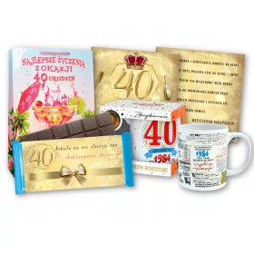    Ein Geschenk für eine 40-jährige Frau zum 40. Geburtstag. Set: Tasse, Schokolade, Karte, VINTAGES