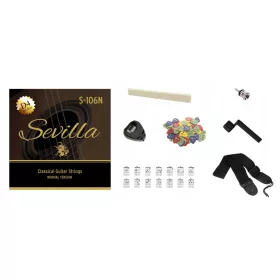   SEVILLA-SAITEN FÜR KLASSISCHE GITARRE MIT ERSATZ-D4 + ZUBEHÖR + KOSTENLOSE GESCHENKE